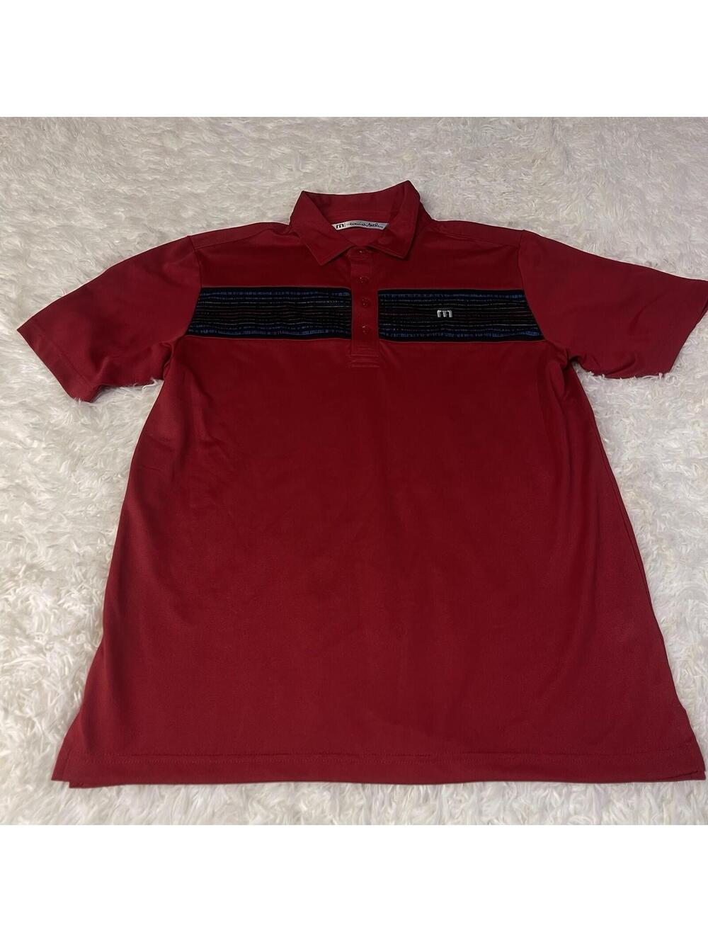 Travis Matthew Golf Polo Shirt Men's Medium Red Blue Stripes Embroidered Logo